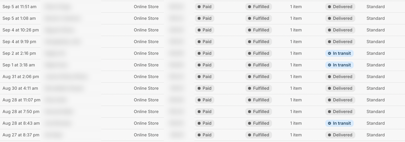 A client's Shopify order list, every order fulfilled with live delivery status